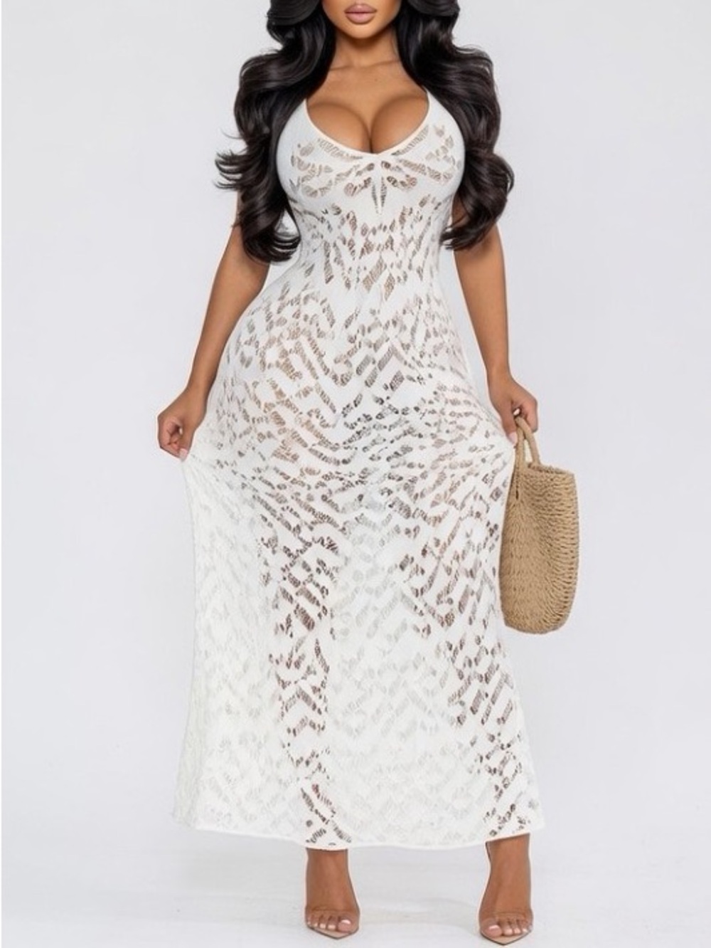 White Crochet Lace Maxi Dress with Scoop Neck